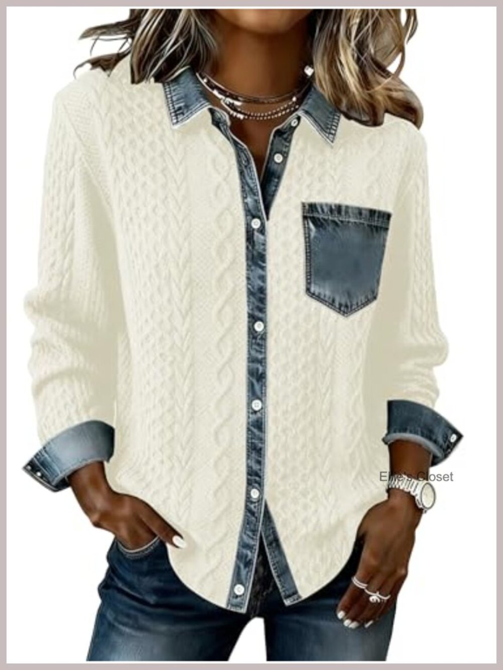 Women's Denim Patchwork Cable Knit Shacket with Lapel Collar